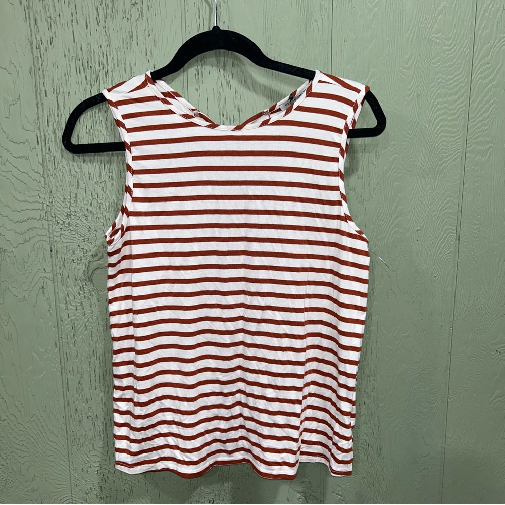 NWT green envelope, brown, and white striped tank top with tie back XS